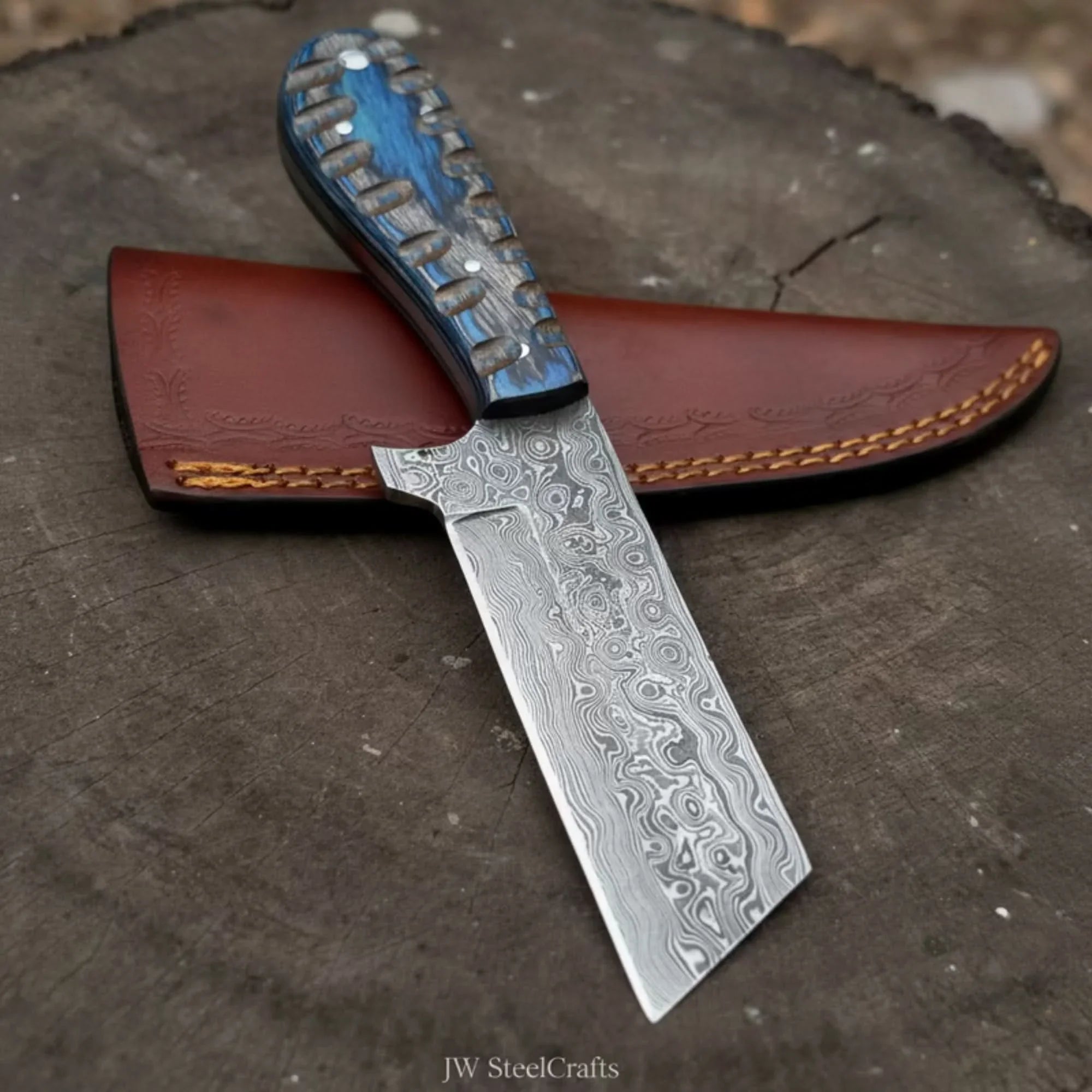 Western Bull Cutter 7” Knife – Damascus Ranch Blade with Blue Stabilized Handle &amp; Sheath