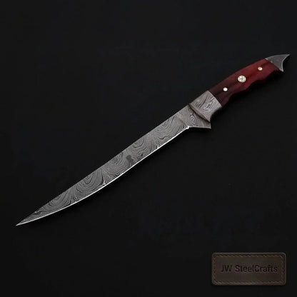 Handmade Damascus Steel Fillet Knife – 13 Inch Overall, 6 Inch Flexible Blade, Full Tang Fishing Knife with Hardwood Handle and Leather Sheath, Professional Fish Filleting Knife, JW SteelCrafts