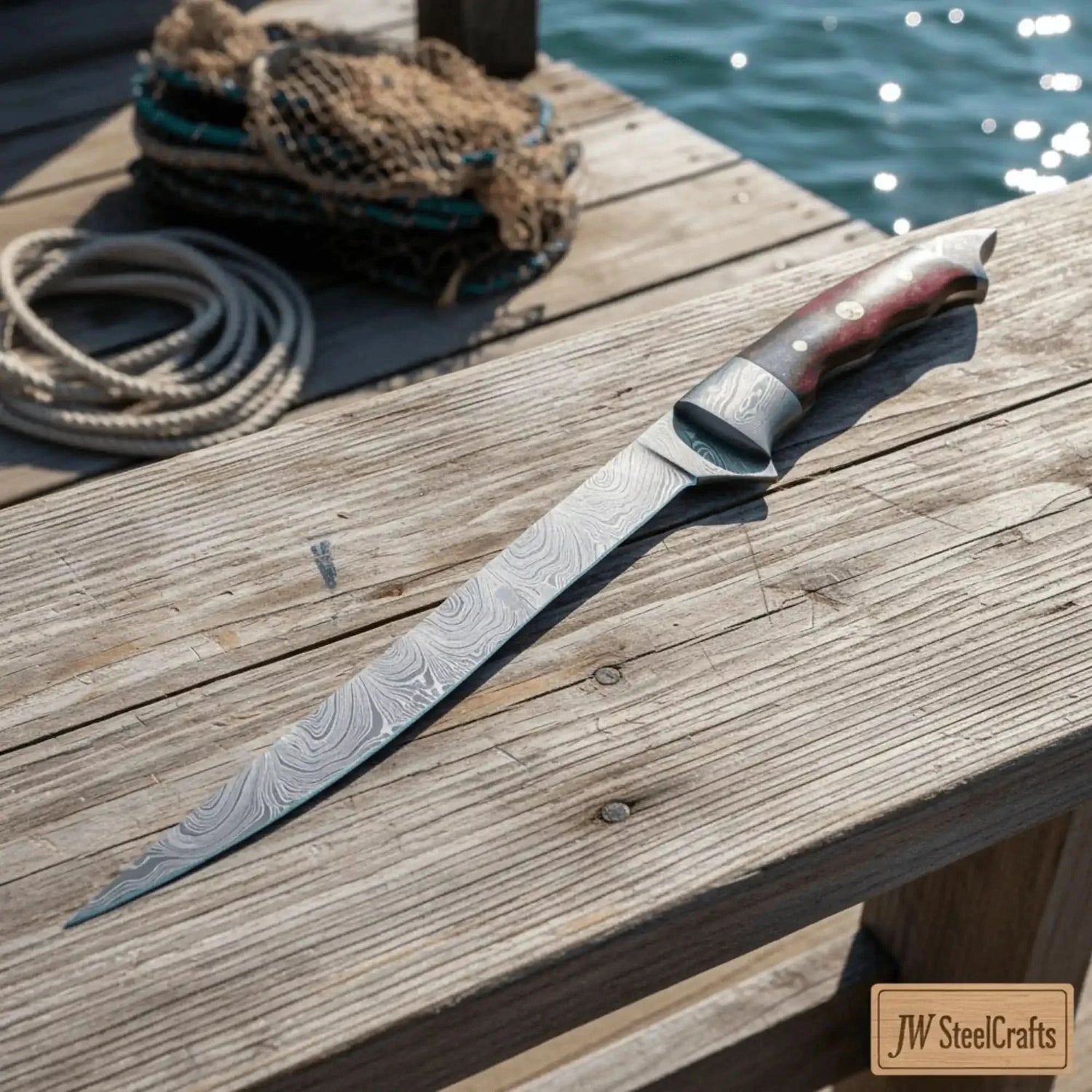 Handmade Damascus Steel Fillet Knife – 13 Inch Overall, 6 Inch Flexible Blade, Full Tang Fishing Knife with Hardwood Handle and Leather Sheath, Professional Fish Filleting Knife, JW SteelCrafts