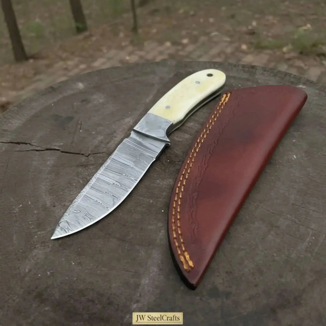 Handmade Damascus Skinner Knife 4” Blade Fixed Blade Bone Handle Leather Sheath