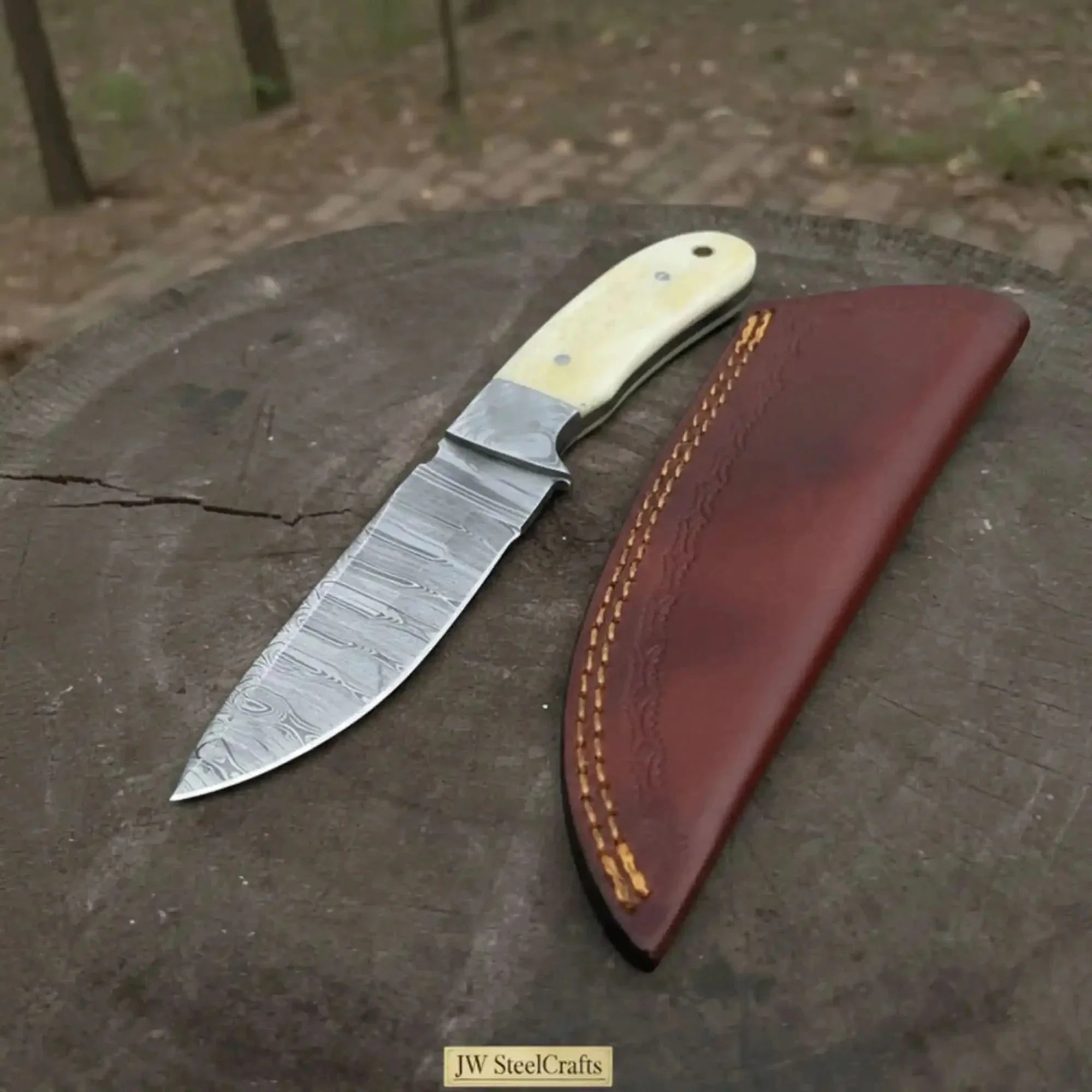 Handmade Damascus Skinner Knife 4” Blade Fixed Blade Bone Handle Leather Sheath