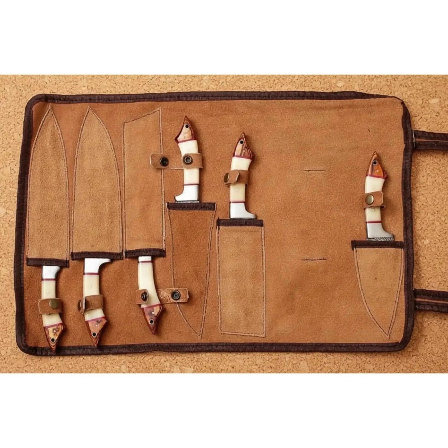 Handmade Damascus Steel Kitchen Knife Set with Bone and Wood Handles
