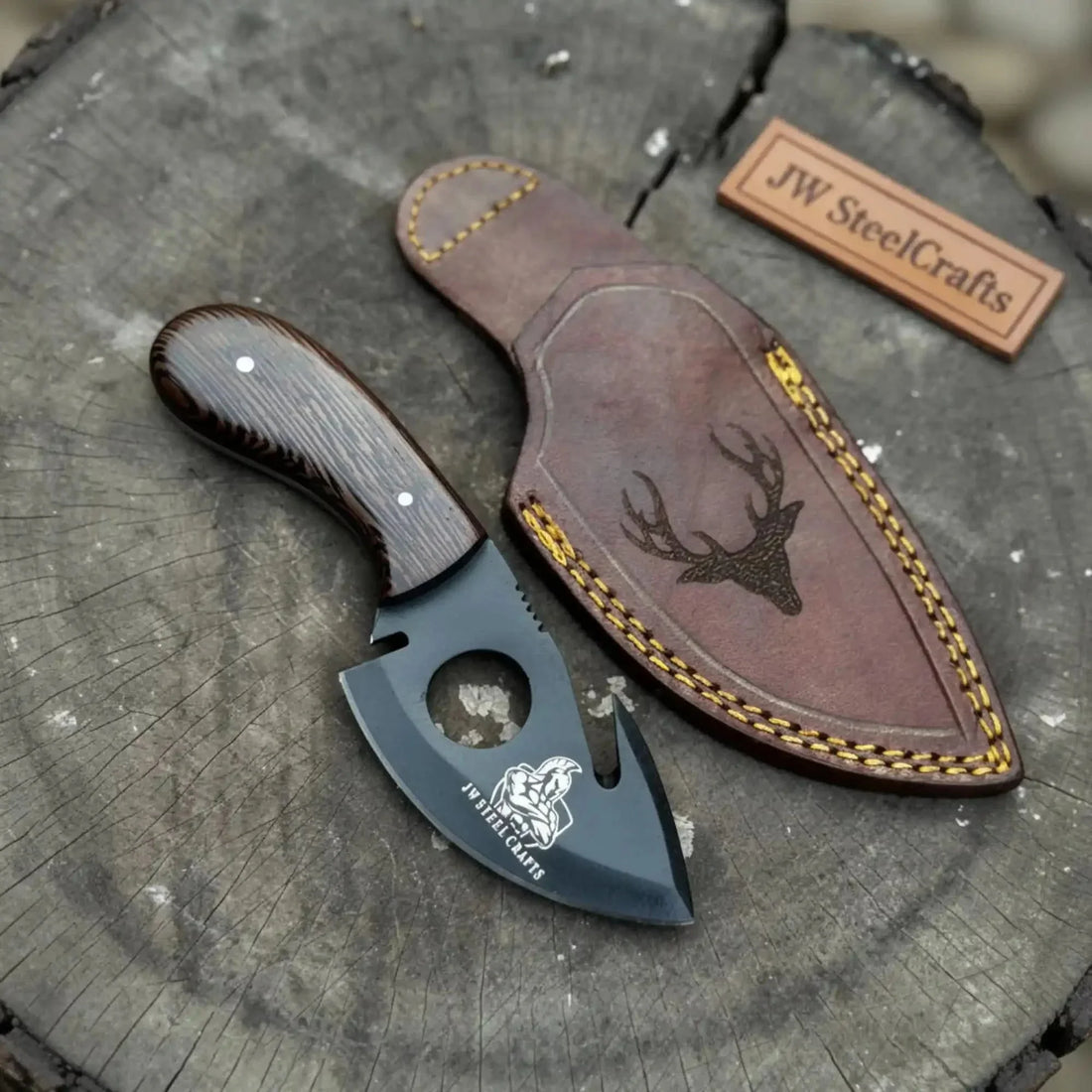 Backwoods Guthook Skinner Knife 6” – Handmade Full Tang Hunting Blade with Hardwood Handle &amp; Leather Sheath