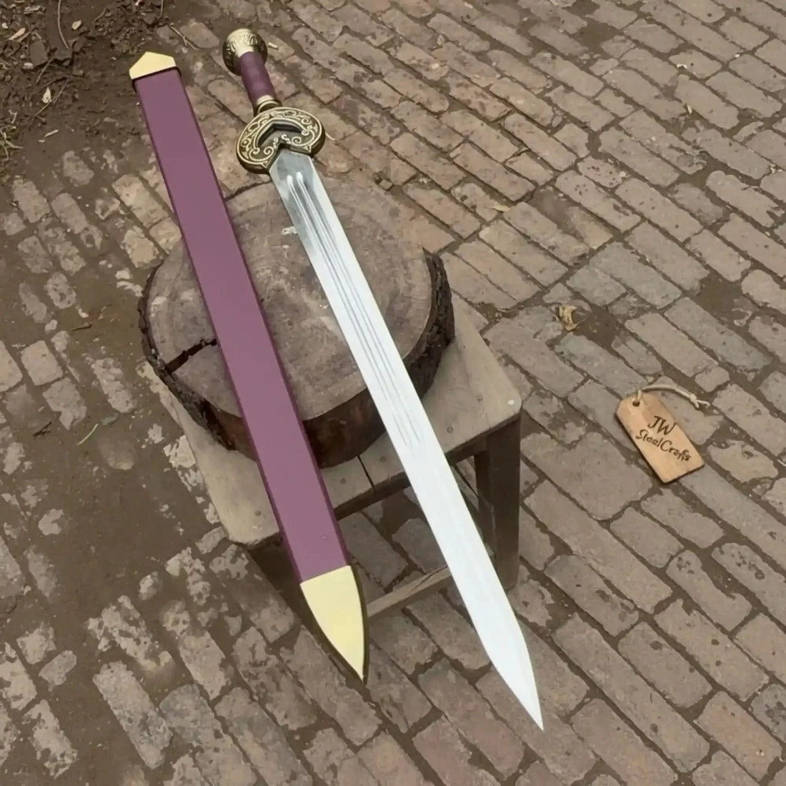 Handmade Medieval Knight Sword Replica | Polished Carbon Steel, Leather Handle &amp; Wooden Scabbard