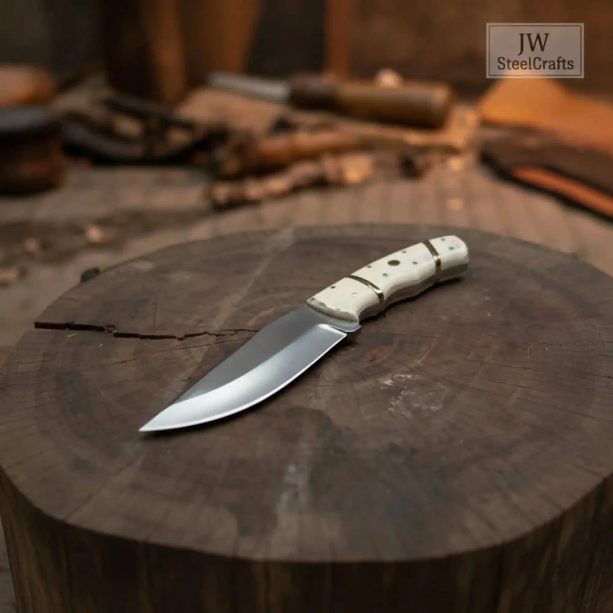 Ranch Hand Utility Knife Fixed Blade white resin Handle Full Tang Brass Spacer Western Knife