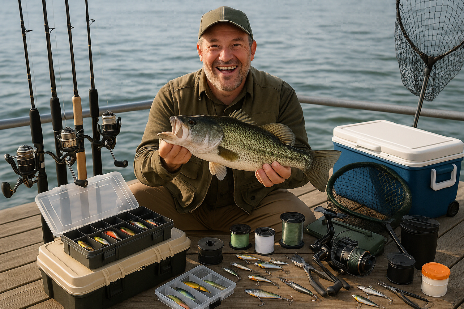 happy fisher with a fish, around various fishing magnums and gears of this store.