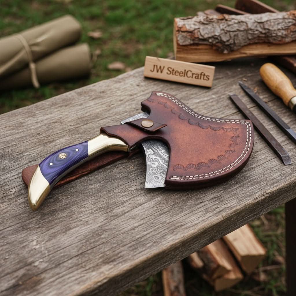 Damascus Steel Bushcraft Axe with Hardwood Handle &amp; Leather Sheath