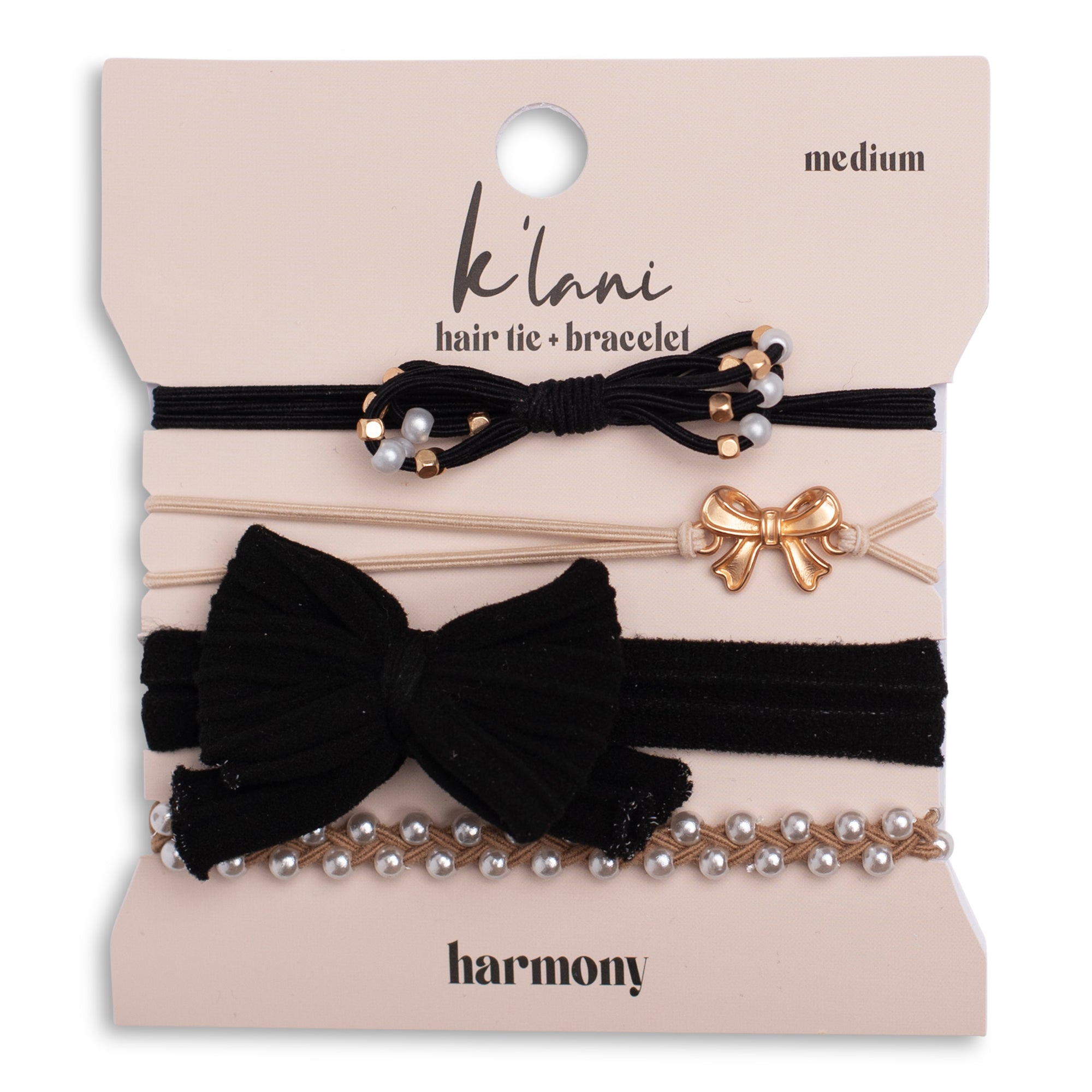 "Harmony" Pearls &amp; Bows in Black &amp; Cream Hair Tie Bracelets