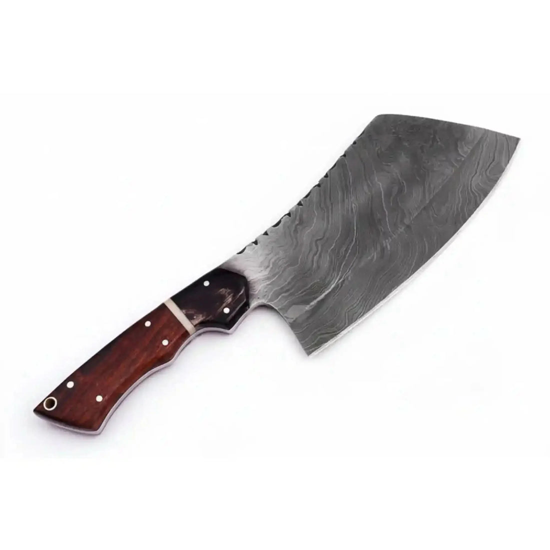 10" Overall Handmade Damascus Cleaver Knife with Rosewood Handle, Steel Bolster &amp; Brass Pins | Twisted Damascus Pattern