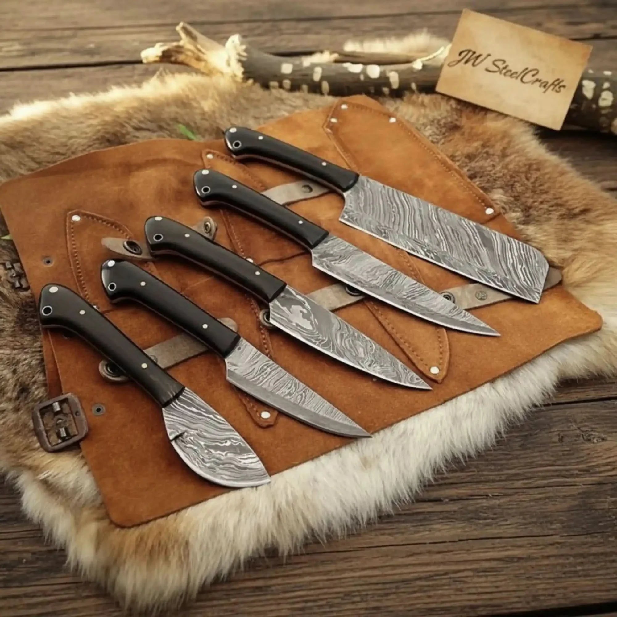 5-Piece Damascus Kitchen Knife Set — Chef, Cleaver, Santoku, Utility &amp; Paring with Dark Rosewood Handles &amp; Leather Roll