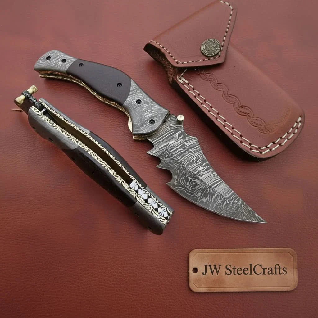 Outback Tracker Damascus Folding Knife with Jimped Spine