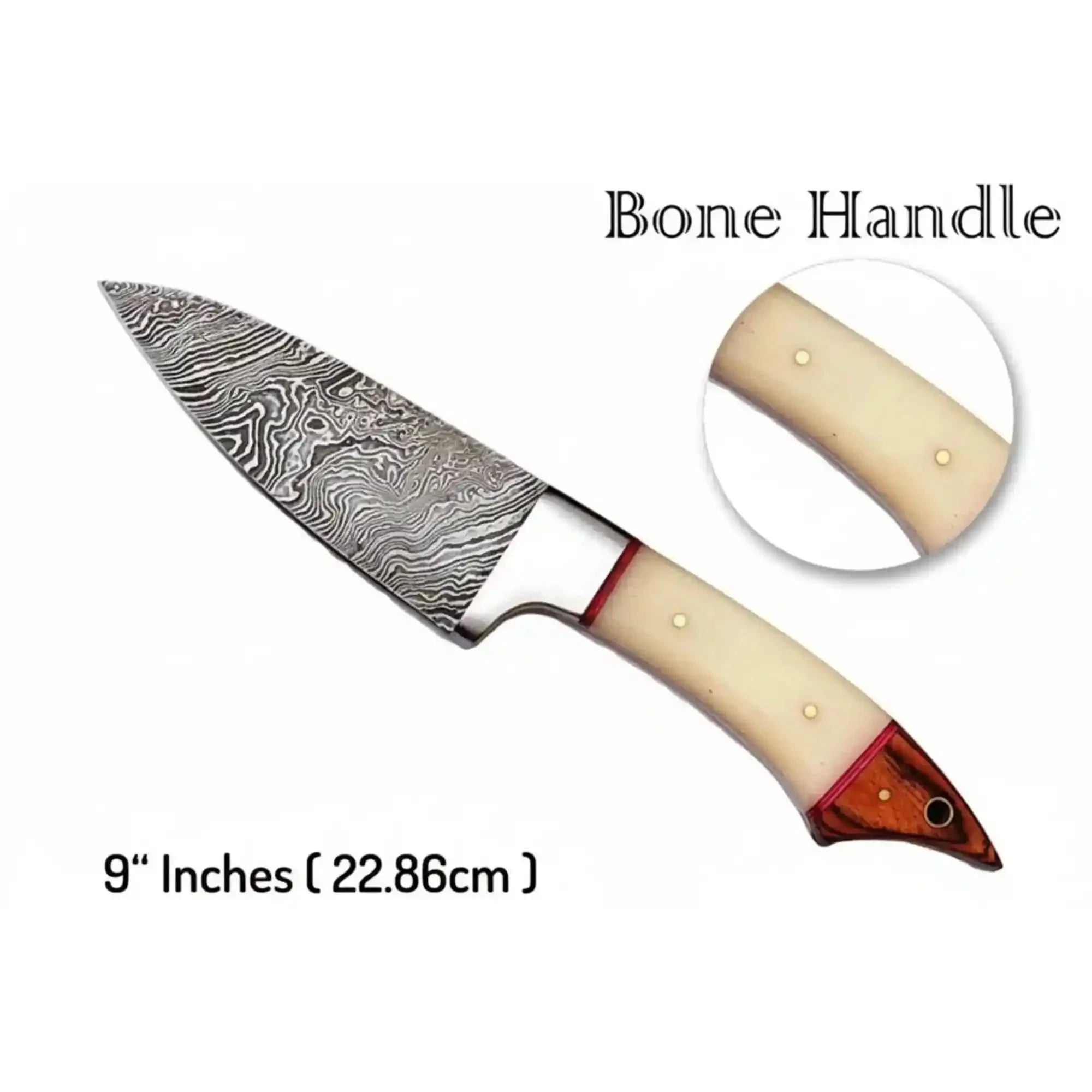6-Piece Damascus Kitchen Knife Set — Chef, Bread, Fillet, Cleaver &amp; Utility Knives with White Bone and Red Wood Handles, Leather Roll &amp; Sharpener