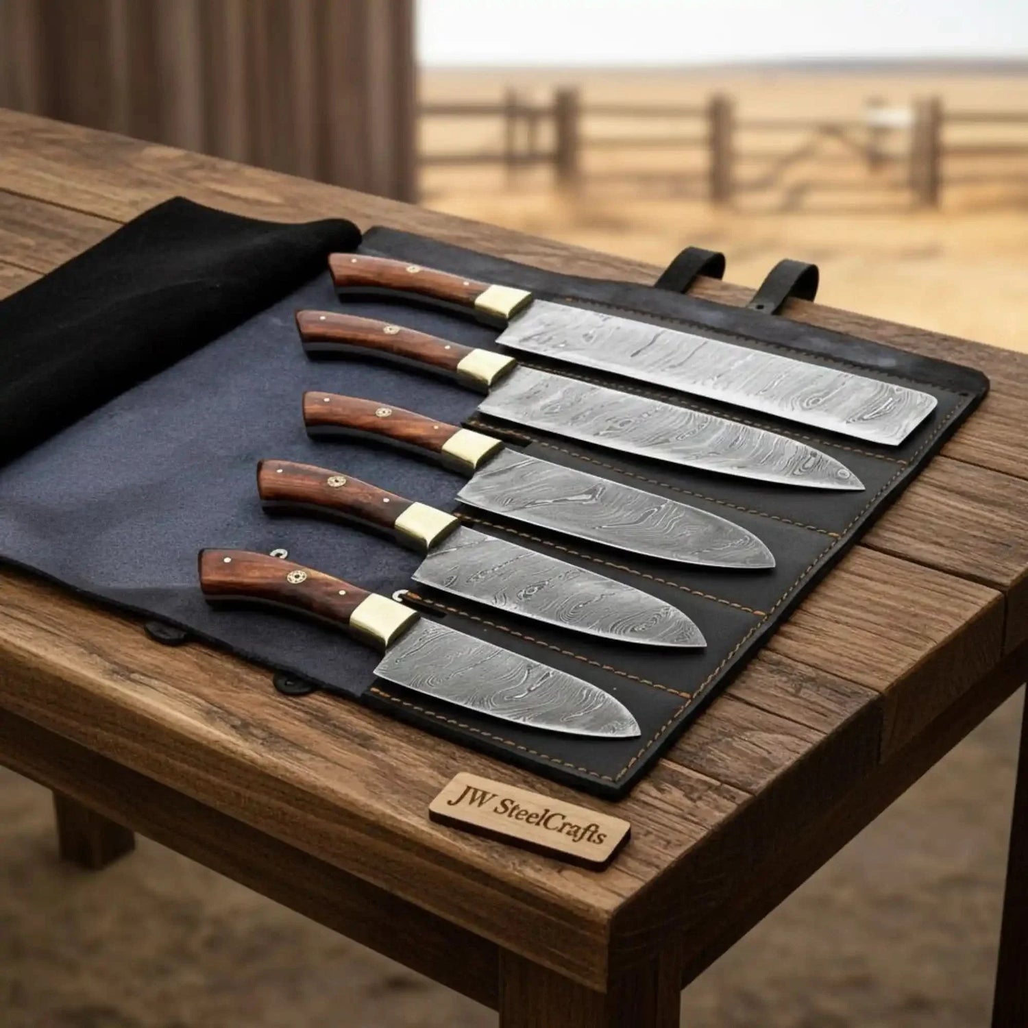 JW SteelCrafts 5 Piece Damascus Kitchen Knife Set Chef Santoku Utility and Paring Knives Pakka Wood Handle with Leather Knife Roll Professional Cooking Set