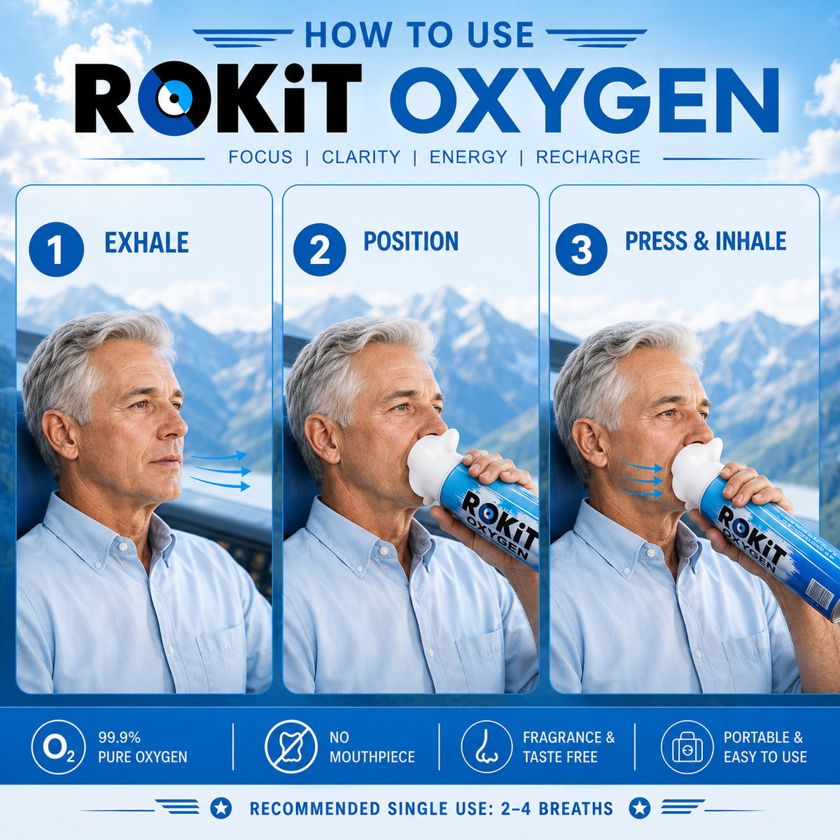 ROKiT Oxygen 10.4L | 4 Pack | 99.9% Pure Oxygen | 220+ Inhalations Each