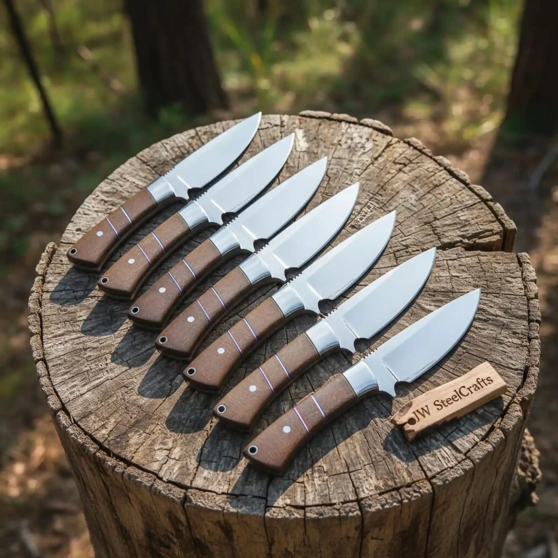 Hunting &amp; Bushcraft Knife Set Handmade 7-Piece Full Tang Set with Walnut Handles