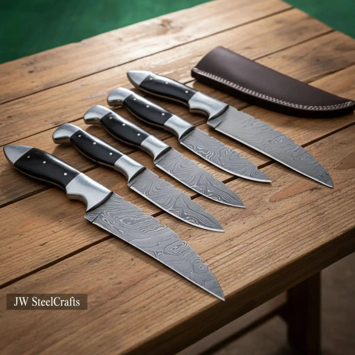 5-Piece Hunting Knife Set with Buffalo Horn Handle —  Ladder Damascus Blades &amp; Black Buffalo Horn Handles
