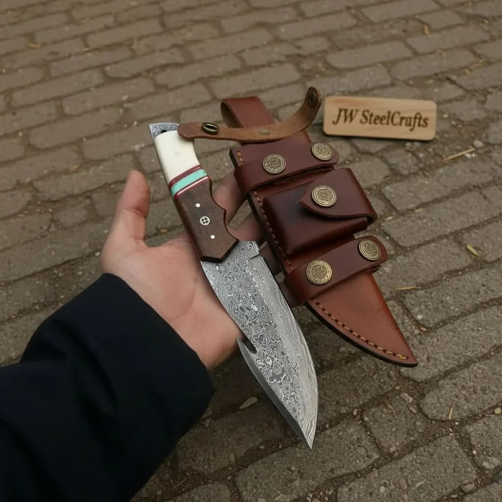 Gut Hook Hunting Knife with Bone, Resin &amp; Rosewood Handle | Damascus Pattern Blade