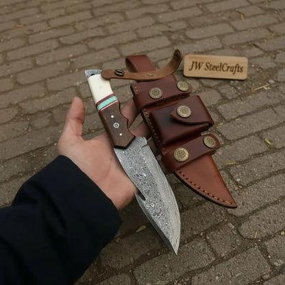Gut Hook Hunting Knife with Bone, Resin &amp; Rosewood Handle | Damascus Pattern Blade