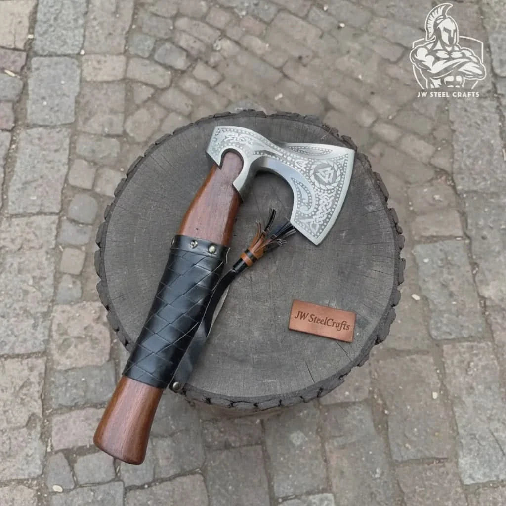 Viking Axe with Leather Wrapped Handle &amp; Engraved Head – JW SteelCrafts