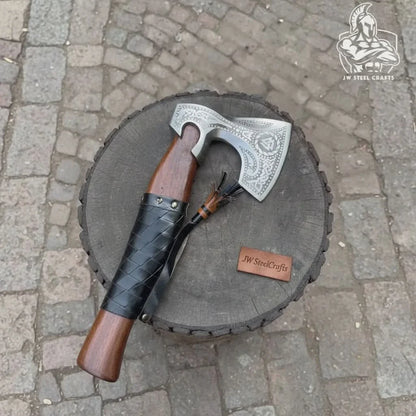 Viking Axe with Leather Wrapped Handle &amp; Engraved Head – JW SteelCrafts