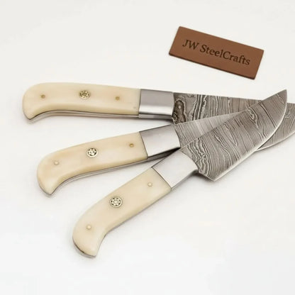 Handmade Damascus 3-Piece Kitchen Knife Set with Bone Handles, Slicing Carving and Chef Knives
