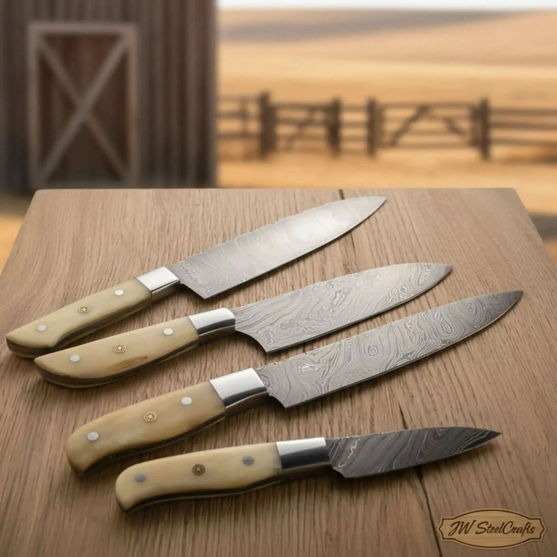 4-Piece Damascus Kitchen Knife Set — Bunka, Gyuto, Utility &amp; Paring with Camel Bone Handles &amp; Steel Bolsters | JW Steel Crafts