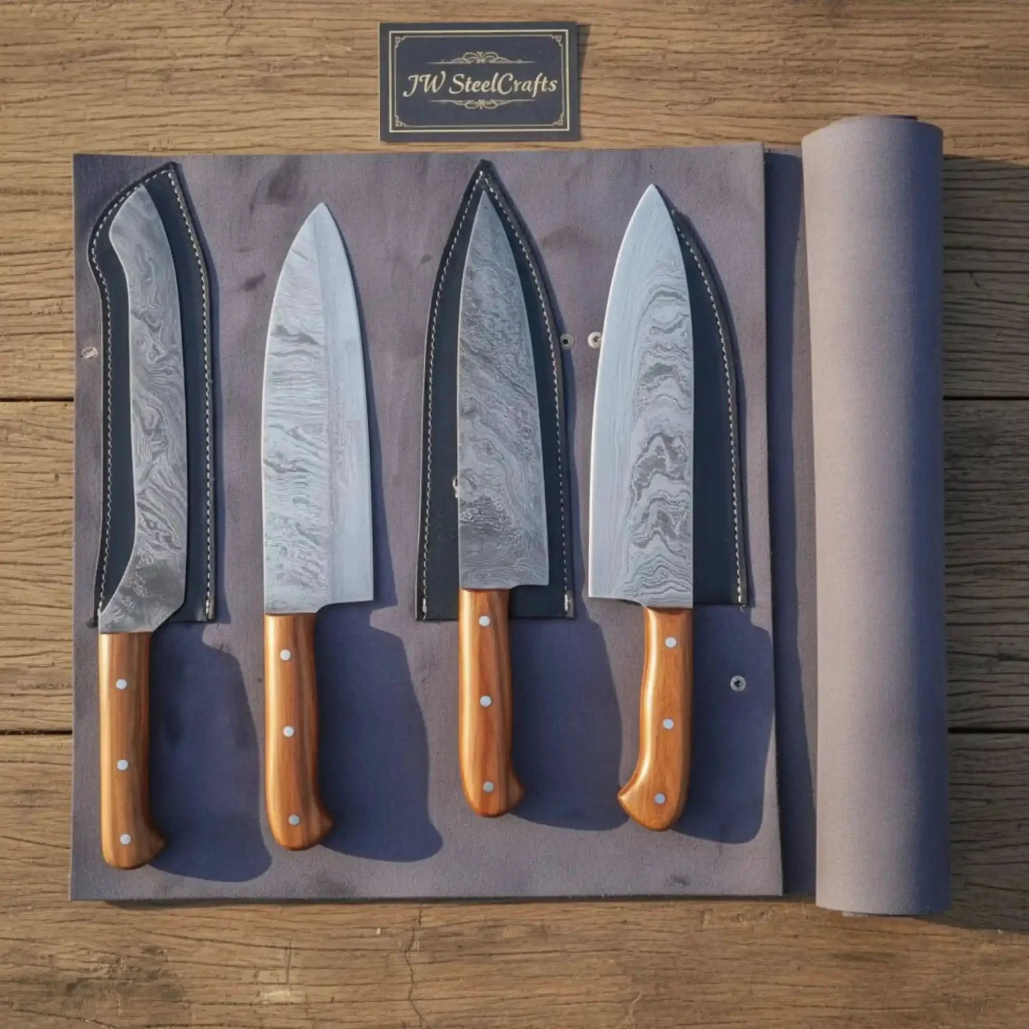 Custom Damascus Japanese Kitchen Quartet – Nakiri, Gyuto, Santoku &amp; Chef Hybrid | Olive Wood Handle Set