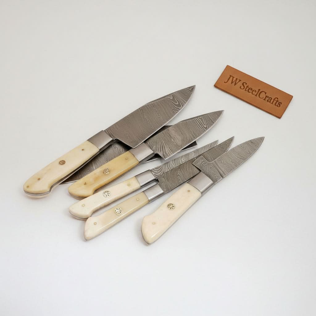 6-Piece Damascus Kitchen Knife Set – Gyuto, Santoku, Nakiri, Boning, Utility &amp; Paring | Natural Bone Handle | Leather Roll