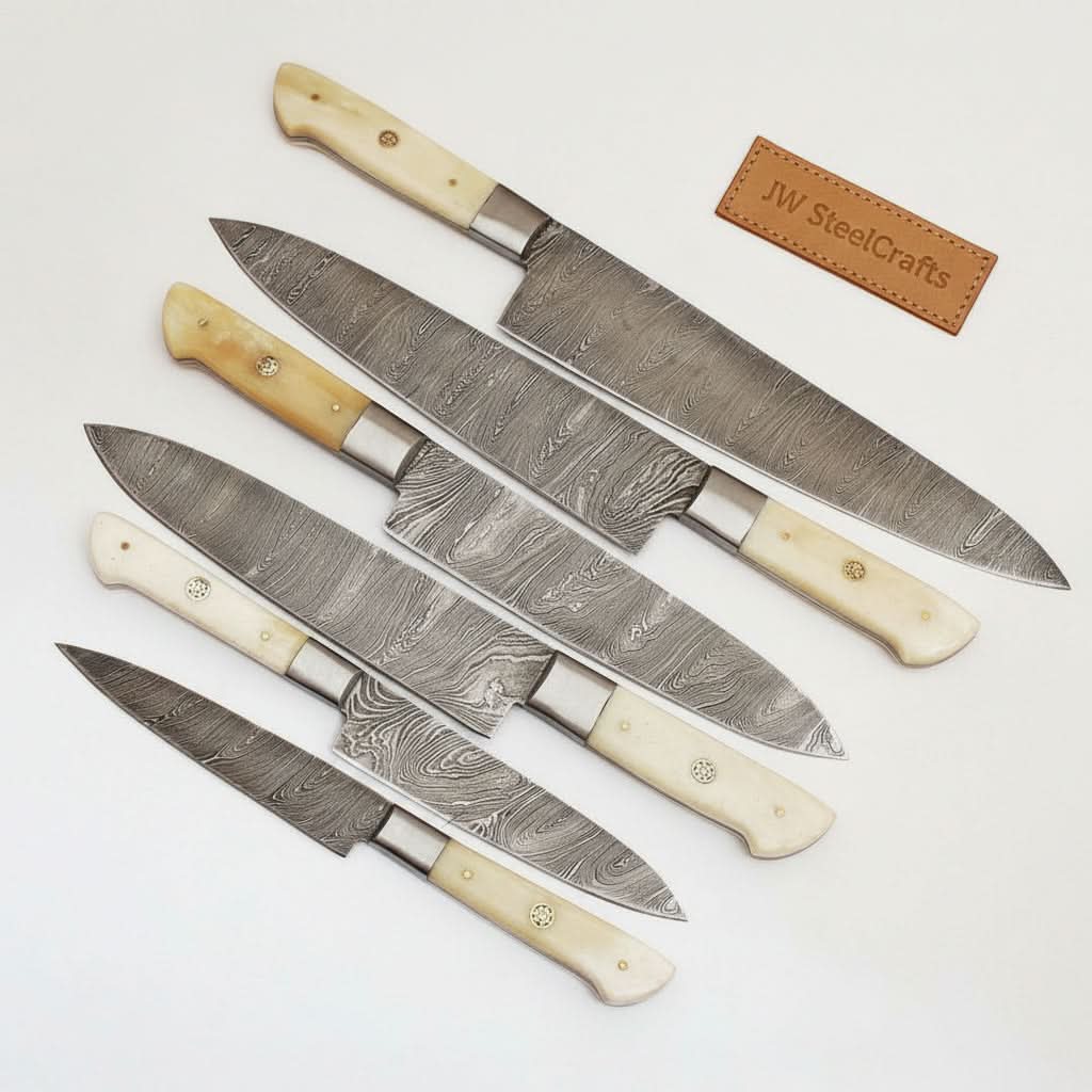6-Piece Damascus Kitchen Knife Set – Gyuto, Santoku, Nakiri, Boning, Utility &amp; Paring | Natural Bone Handle | Leather Roll