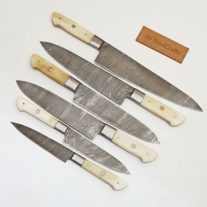 6-Piece Damascus Kitchen Knife Set – Gyuto, Santoku, Nakiri, Boning, Utility &amp; Paring | Natural Bone Handle | Leather Roll