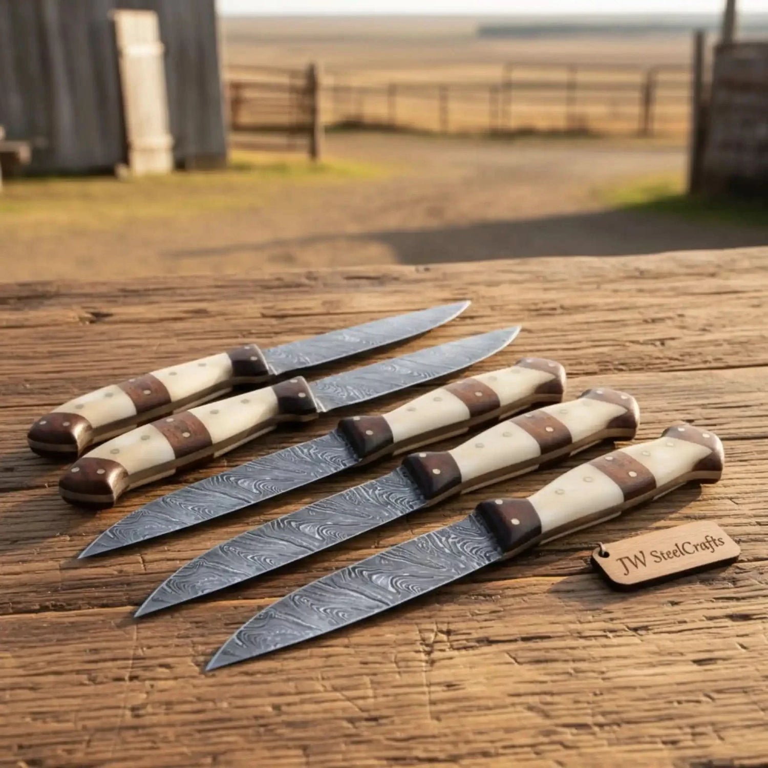5-Piece Handmade Damascus Steak Knife Set, Bone &amp; Rosewood Handle, Premium Dining Knives
