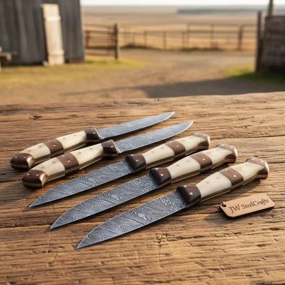 5-Piece Handmade Damascus Steak Knife Set, Bone &amp; Rosewood Handle, Premium Dining Knives