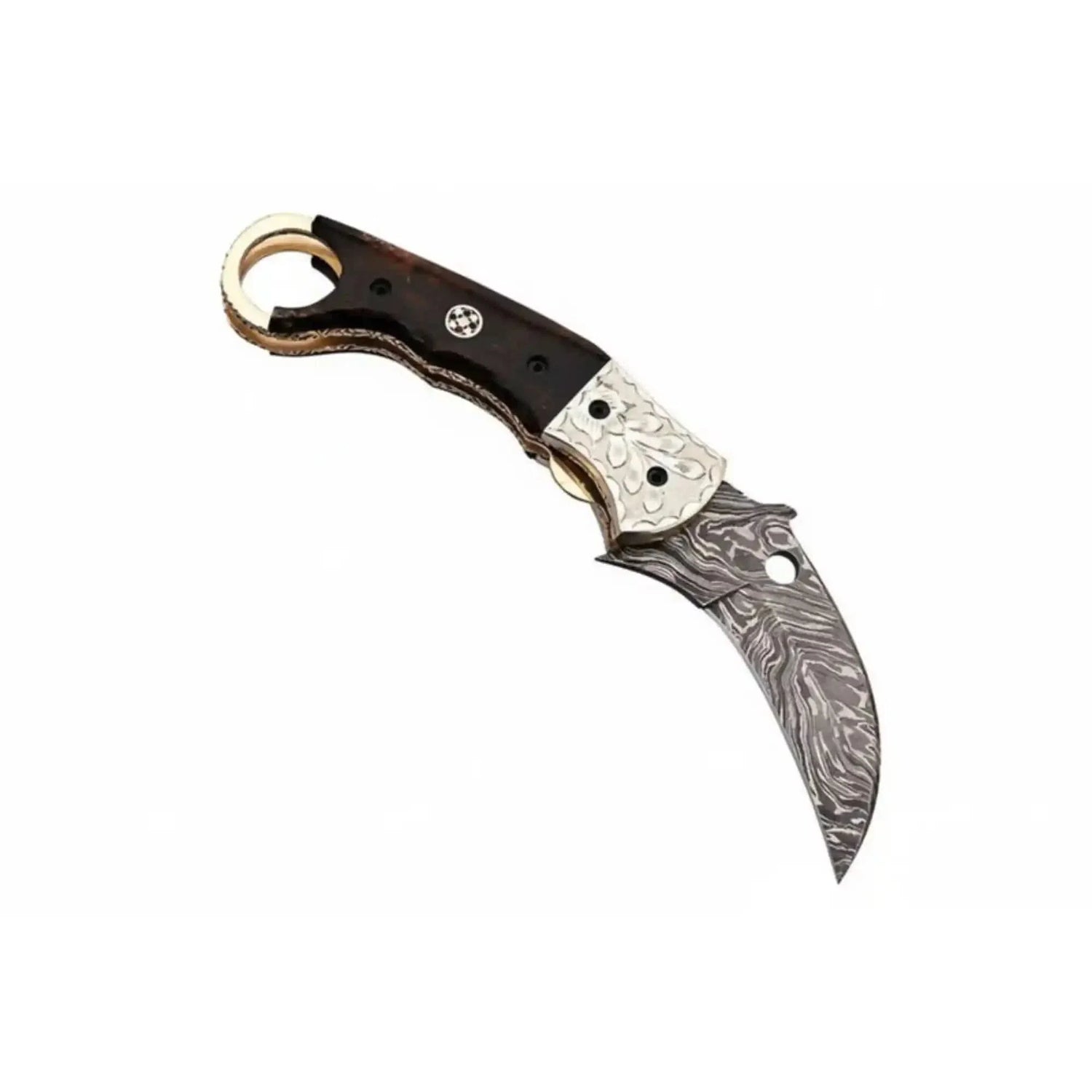 Handmade Damascus Folding Karambit Knife with Ring Handle, Dark Wood Grip &amp; Engraved Bolster