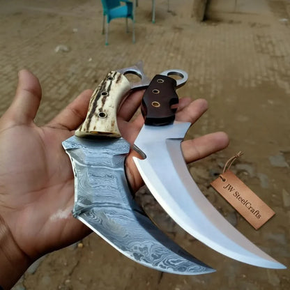 Damascus Steel Karambit Pair, Stag Horn &amp; Wood Handle, 9-inch Blade