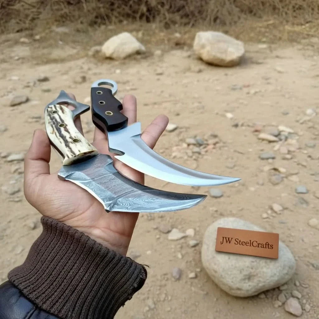 Damascus Steel Karambit Pair, Stag Horn &amp; Wood Handle, 9-inch Blade
