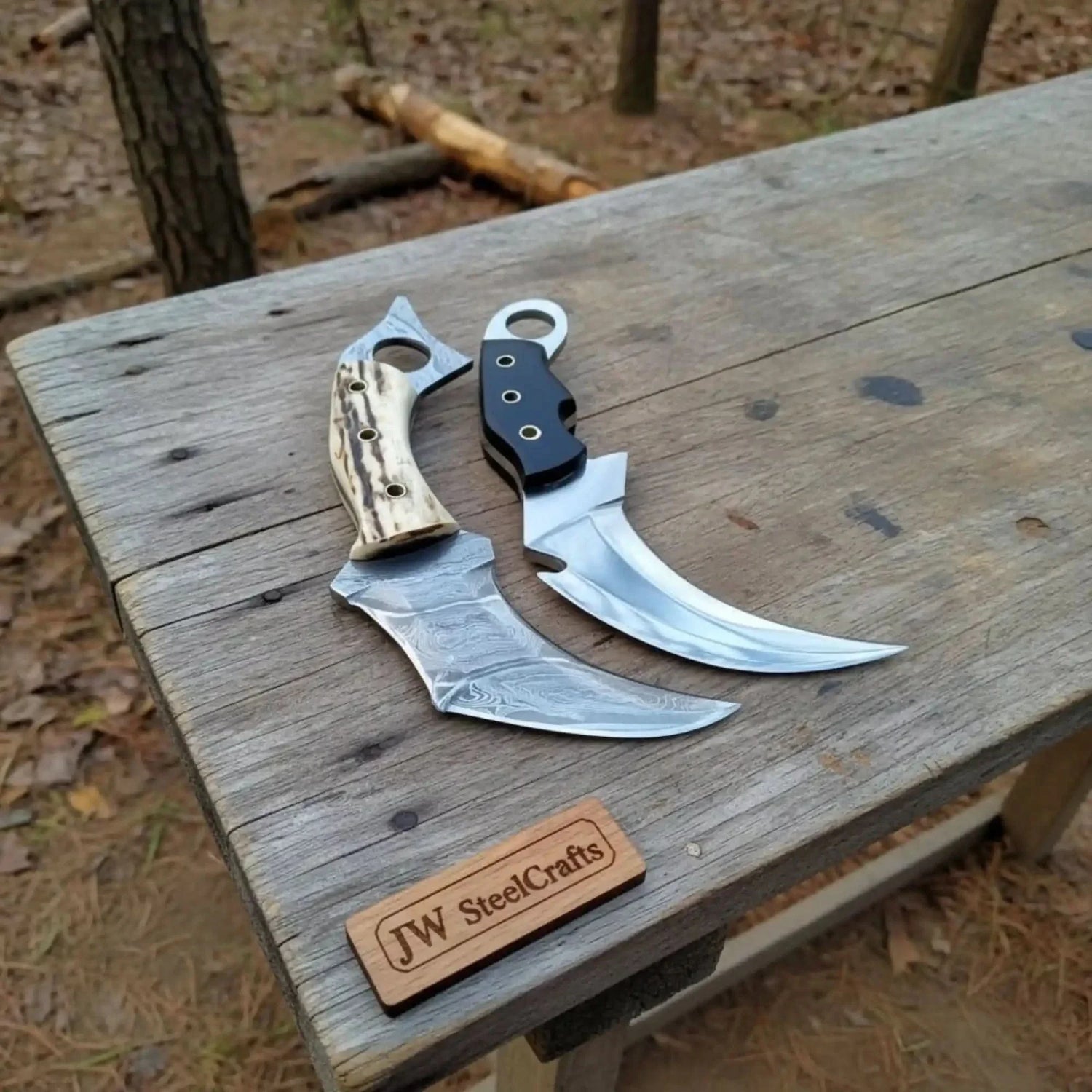 Damascus Steel Karambit Pair, Stag Horn &amp; Wood Handle, 9-inch Blade
