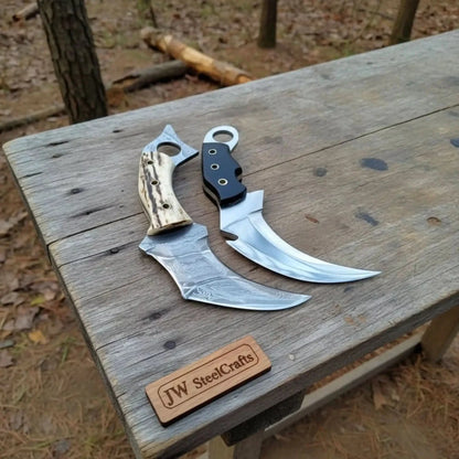 Damascus Steel Karambit Pair, Stag Horn &amp; Wood Handle, 9-inch Blade