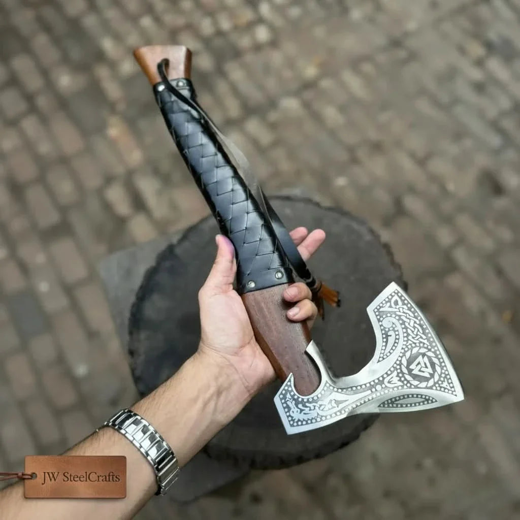 Viking Axe with Leather Wrapped Handle &amp; Engraved Head – JW SteelCrafts