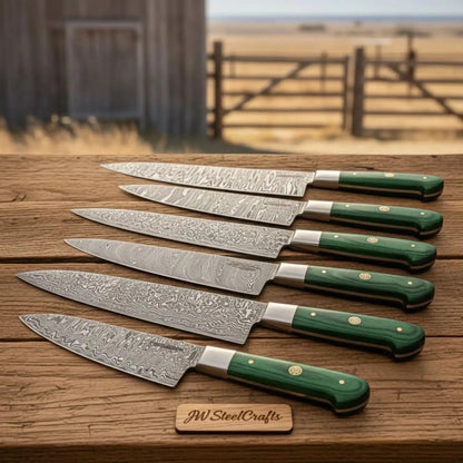 Custom Handmade Damascus Kitchen Knife Set, 6-Piece Bundle, Professional Chef and Utility Knives,