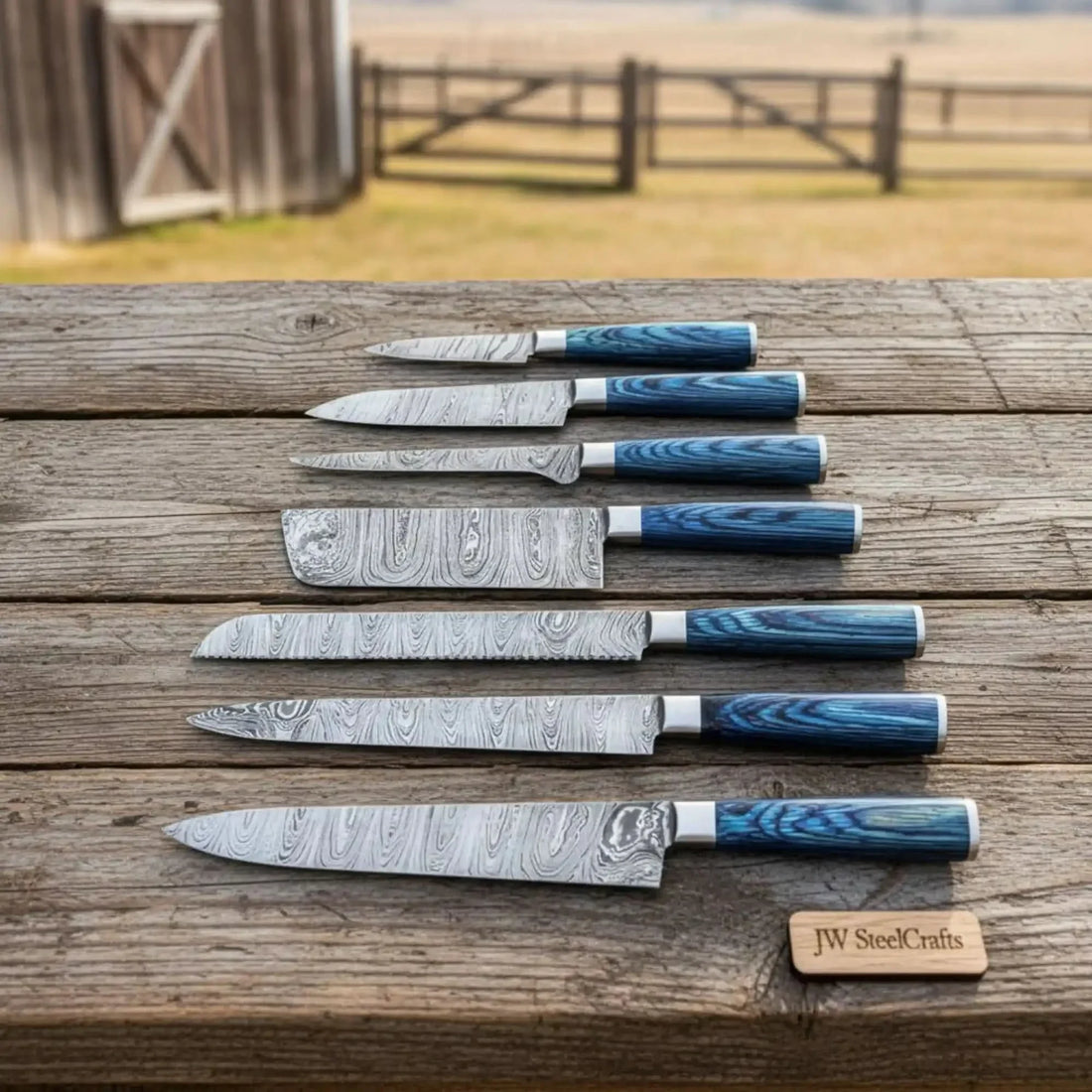 Artisan Damascus Specialty Chef Set — Sujihiki Carver, Nakiri Cleaver &amp; Bunka/Petty Trio Collection