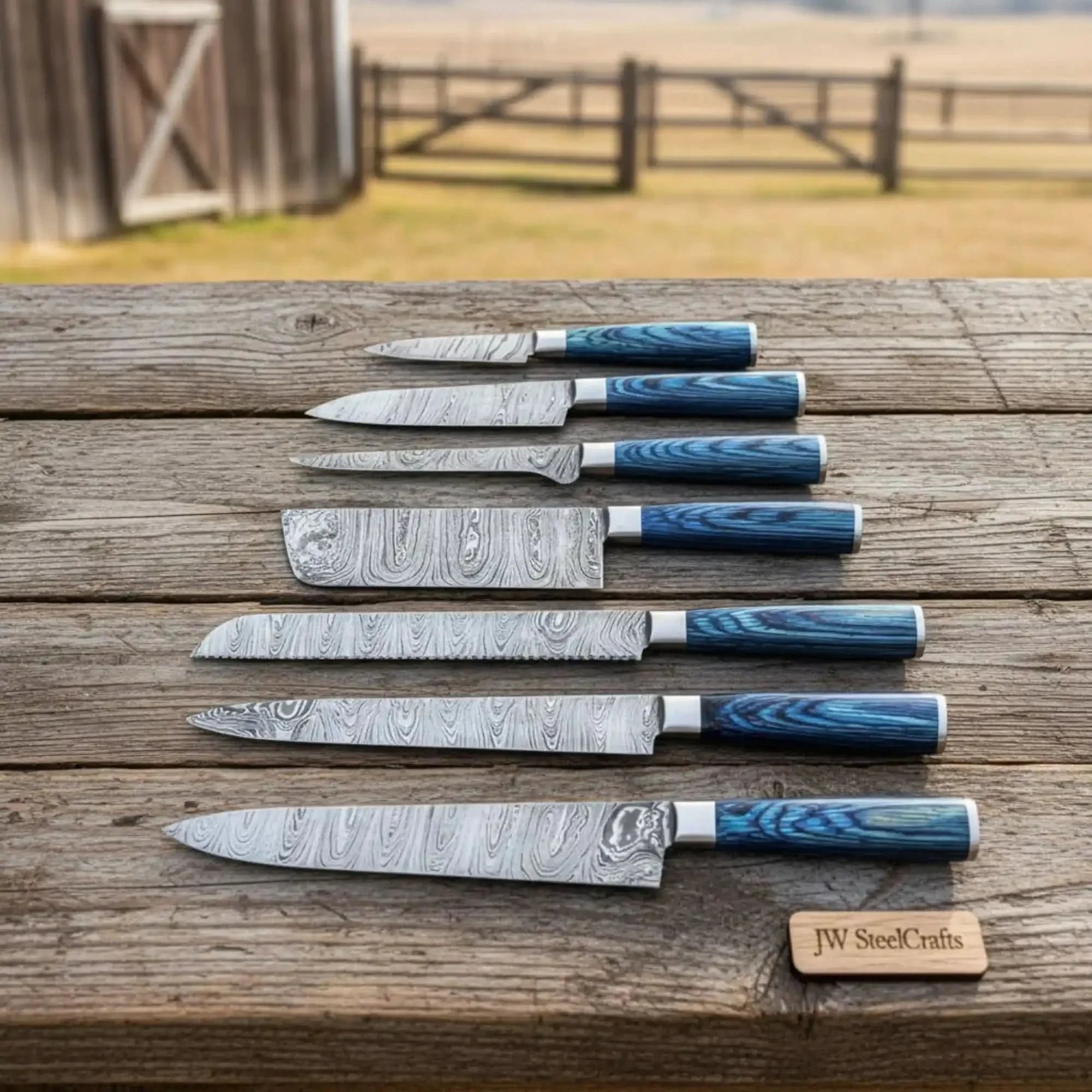 Artisan Damascus Specialty Chef Set — Sujihiki Carver, Nakiri Cleaver &amp; Bunka/Petty Trio Collection