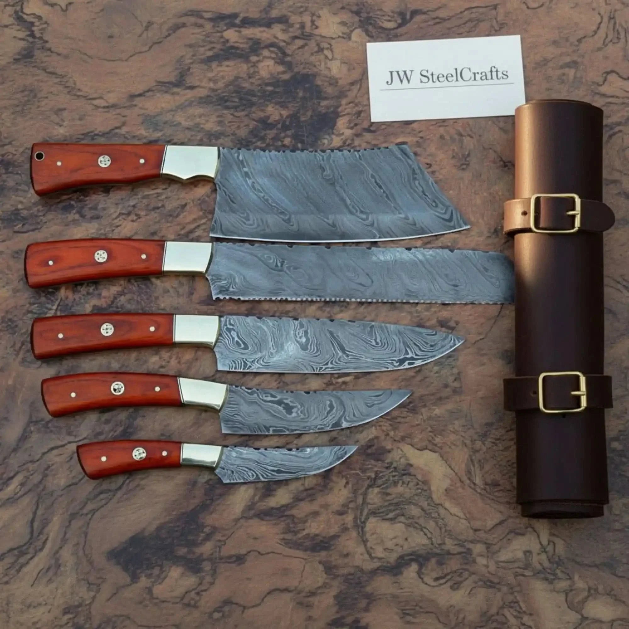 5-Piece Damascus Kitchen Knife Set — Butcher, Bread, Chef, Utility &amp; Paring with Reddish Hardwood Handles