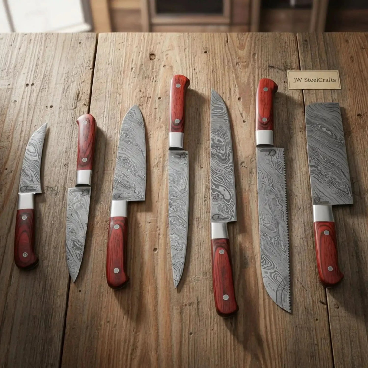 7-Piece Kitchen Knife Set with Vegetable Cleaver with Red Pakka Wood Handles and Swirl Damascus Blades