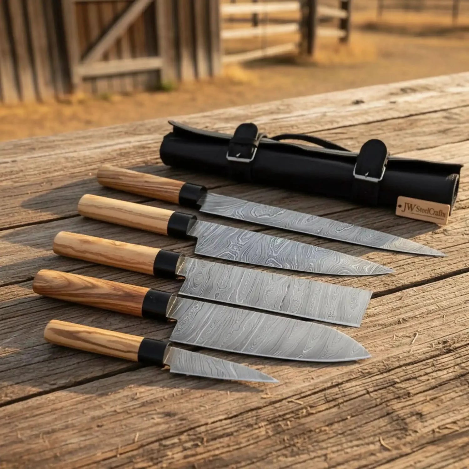 5-Piece Handmade Damascus Knife Set – Gyuto, Sujihiki, Nakiri, Utility &amp; Petty | Olive Wood &amp; Black Resin Handles | Leather Roll Included