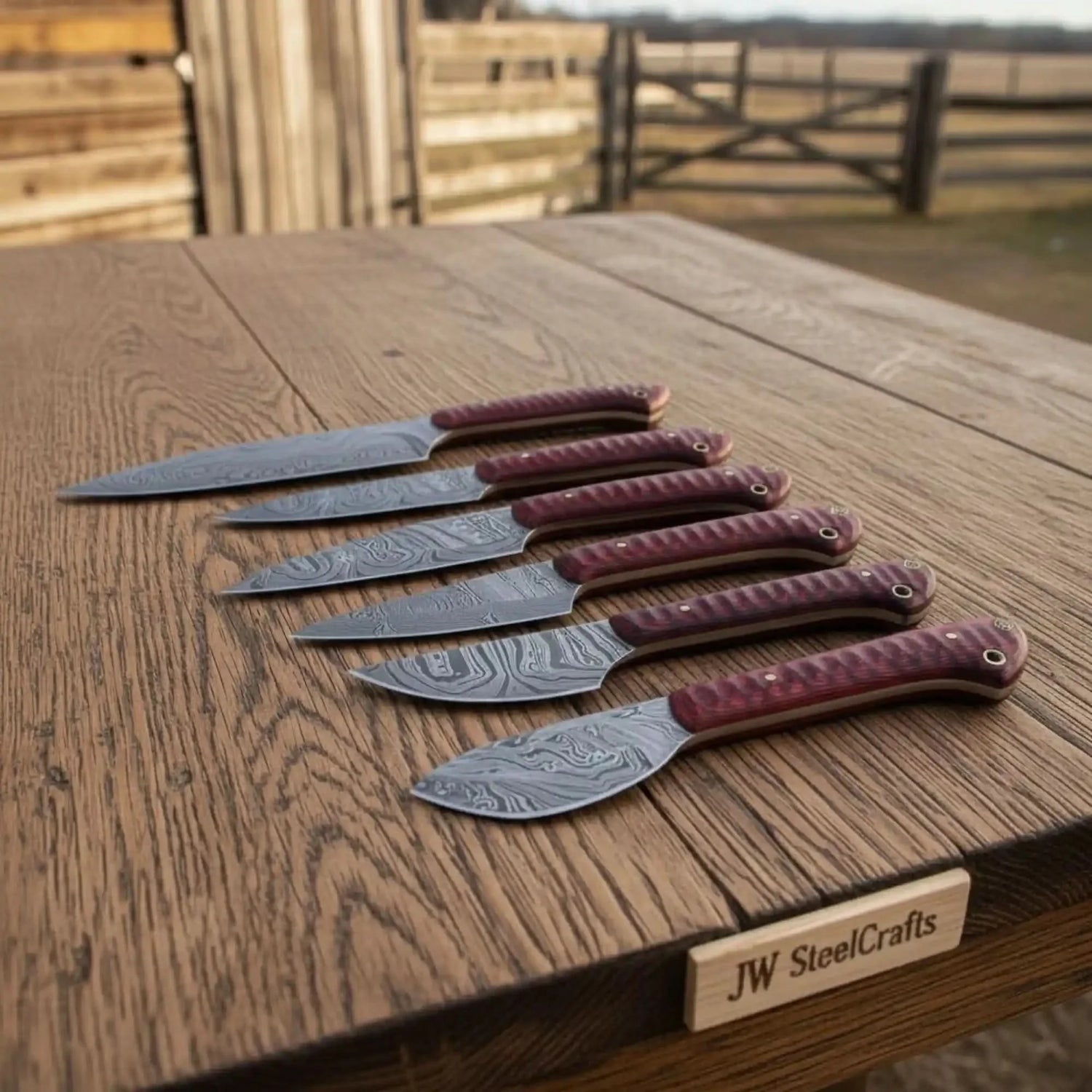 6-Piece Damascus Kitchen Knife Set with Red Burl Pakka Wood Handles &amp; Lanyard Holes | JW Steel Crafts