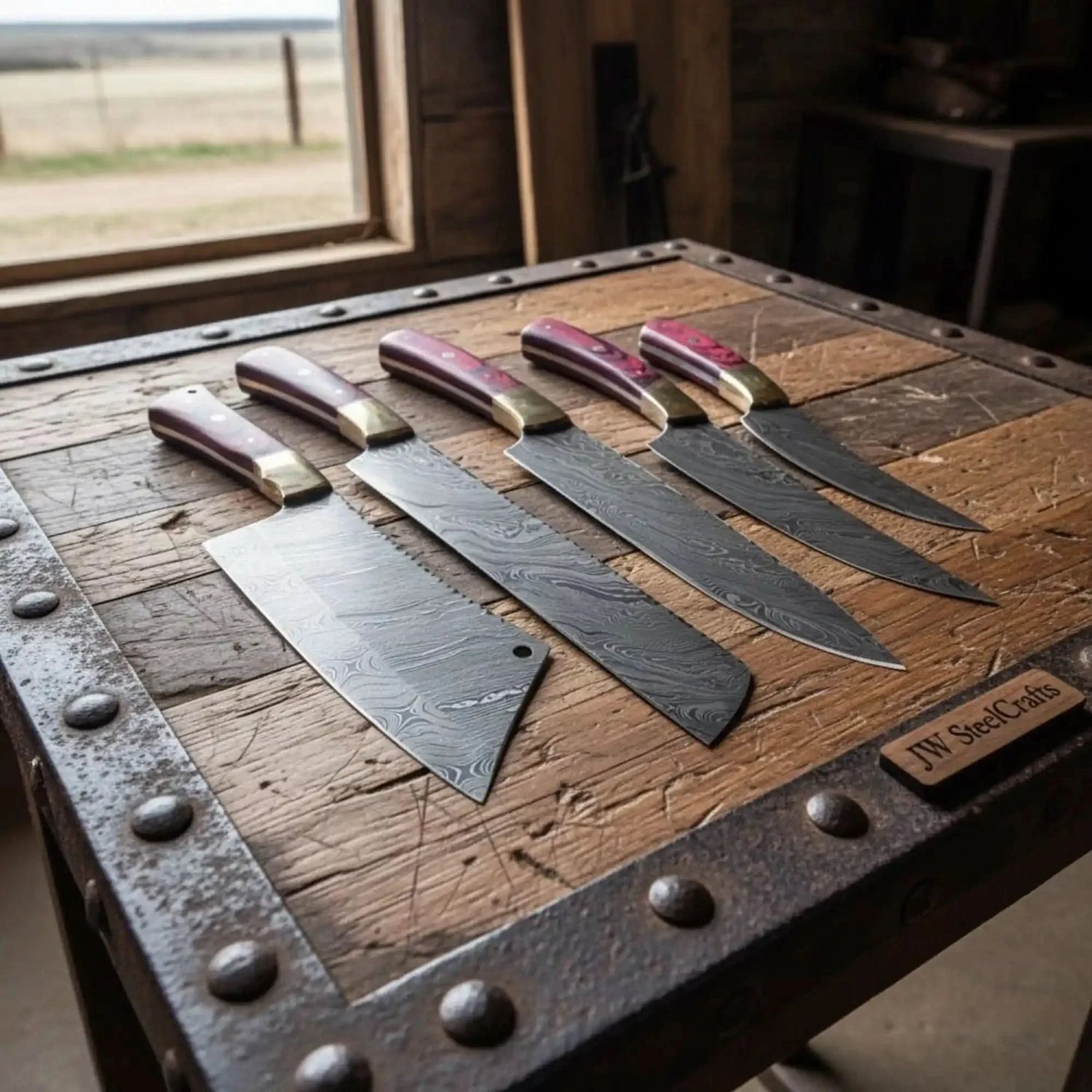 5-Piece Handmade Damascus Kitchen Knife Set – Red Pakkawood Handles &amp; Brass Bolsters | Chef, Santoku, Bread, Utility &amp; Cleaver