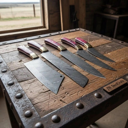 5-Piece Handmade Damascus Kitchen Knife Set – Red Pakkawood Handles &amp; Brass Bolsters | Chef, Santoku, Bread, Utility &amp; Cleaver