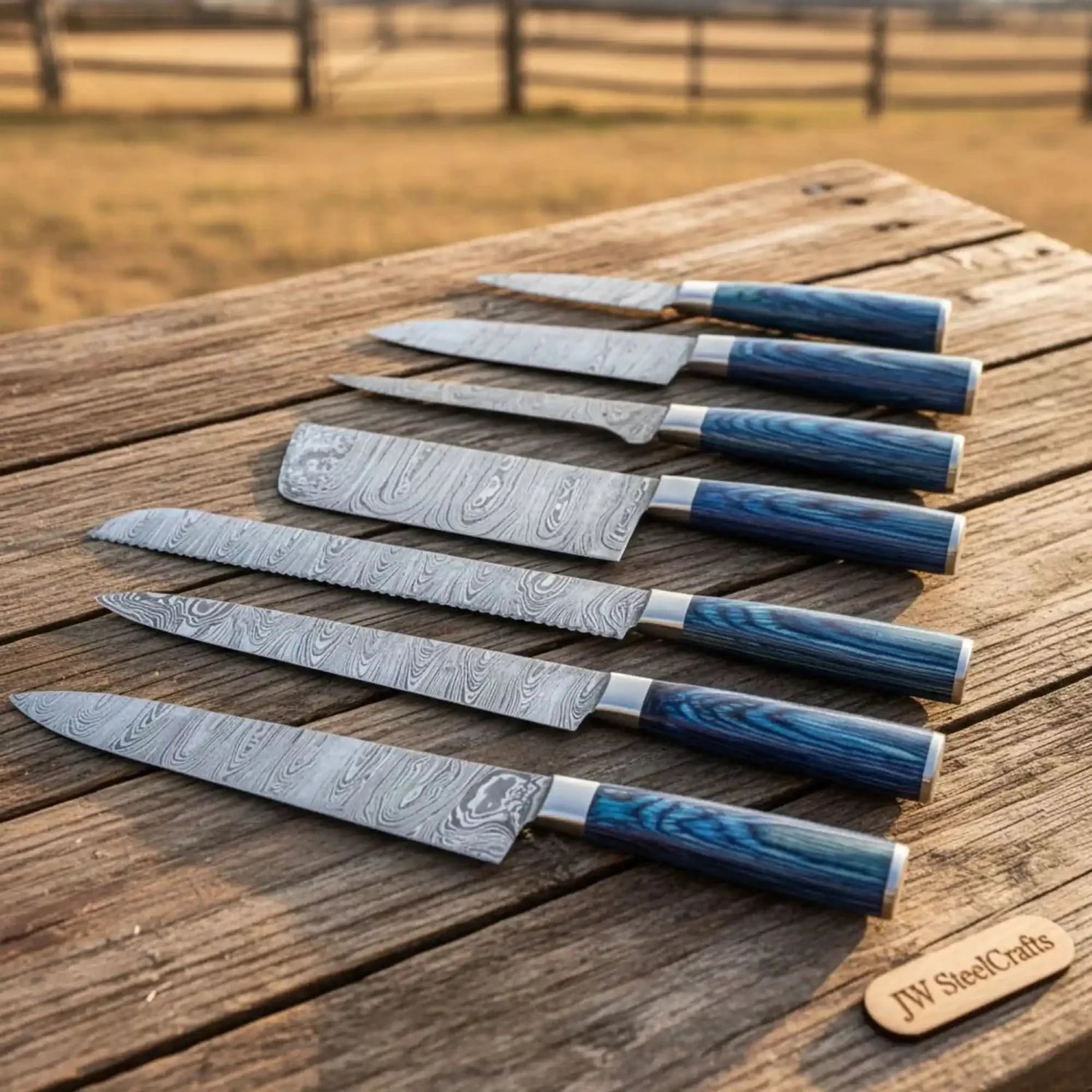 Premium 7-Piece Damascus Kitchen Knife Set – Bread Knife, Gyuto, Santoku &amp; Carving Knives with Blue Pakkawood Handles