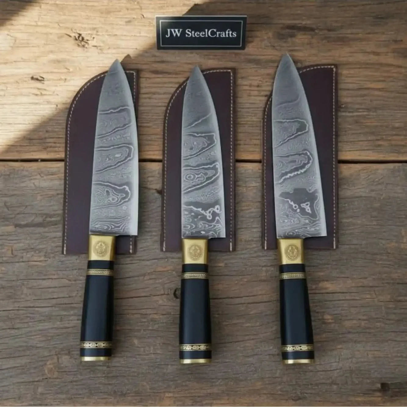 3-Piece Damascus Chef Knife Set — 13 Inch Blades with Black Resin Handles, Brass Bolsters &amp; Leather Sheaths | JW Steel Crafts