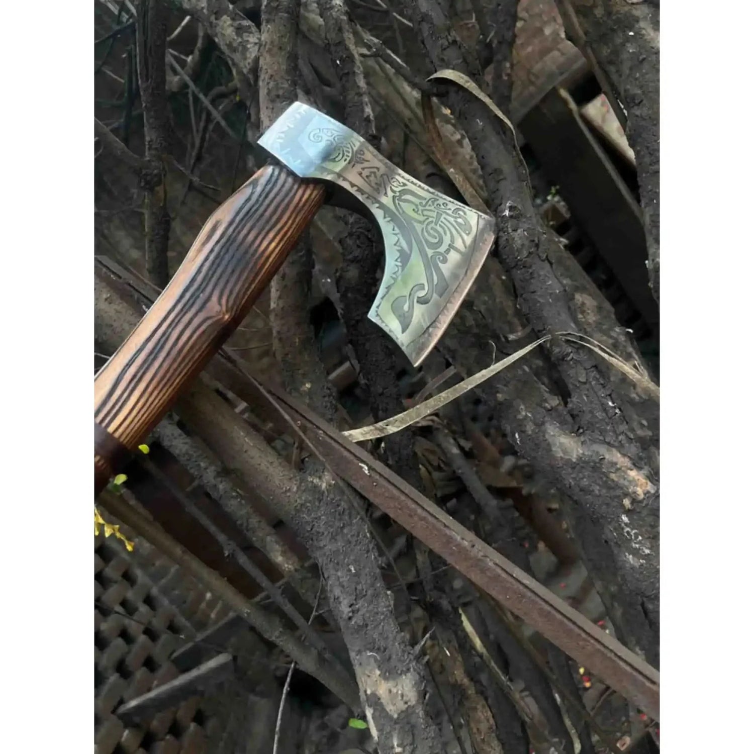 Hand Forged Carbon Steel Viking Axe with Carved Ash Wood Handle and Leather Grip
